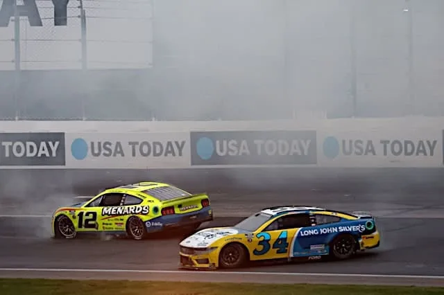 2024 Cup New Hampshire wreck - Ryan Blaney, No. 12 Team Penske Ford, and Michael McDowell, No. 34 Front Row Motorsports Ford (Credit: NKP)