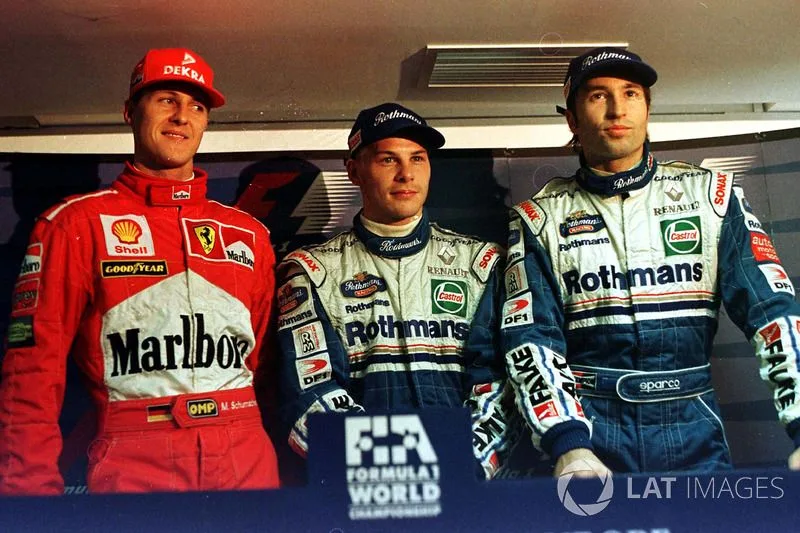 Jacques Villeneuve, Williams, Michael Schumacher, Ferrari, Heinz-Harald Frentzen, Williams all get exactly the same time