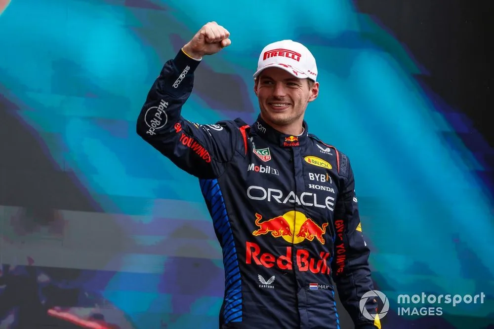 Max Verstappen, Red Bull Racing, 1st position, celebrates on the podium