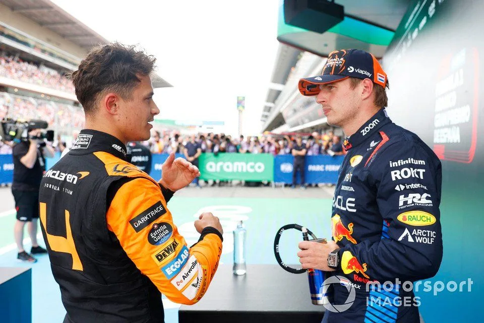 Max Verstappen, Red Bull Racing, pole man Lando Norris, McLaren F1 Team, talk after Qualifying