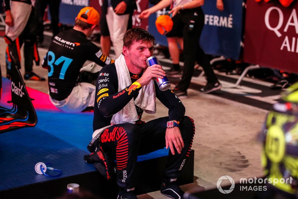 Max Verstappen, Red Bull Racing, 1st position, has a drink in Parc Ferme
