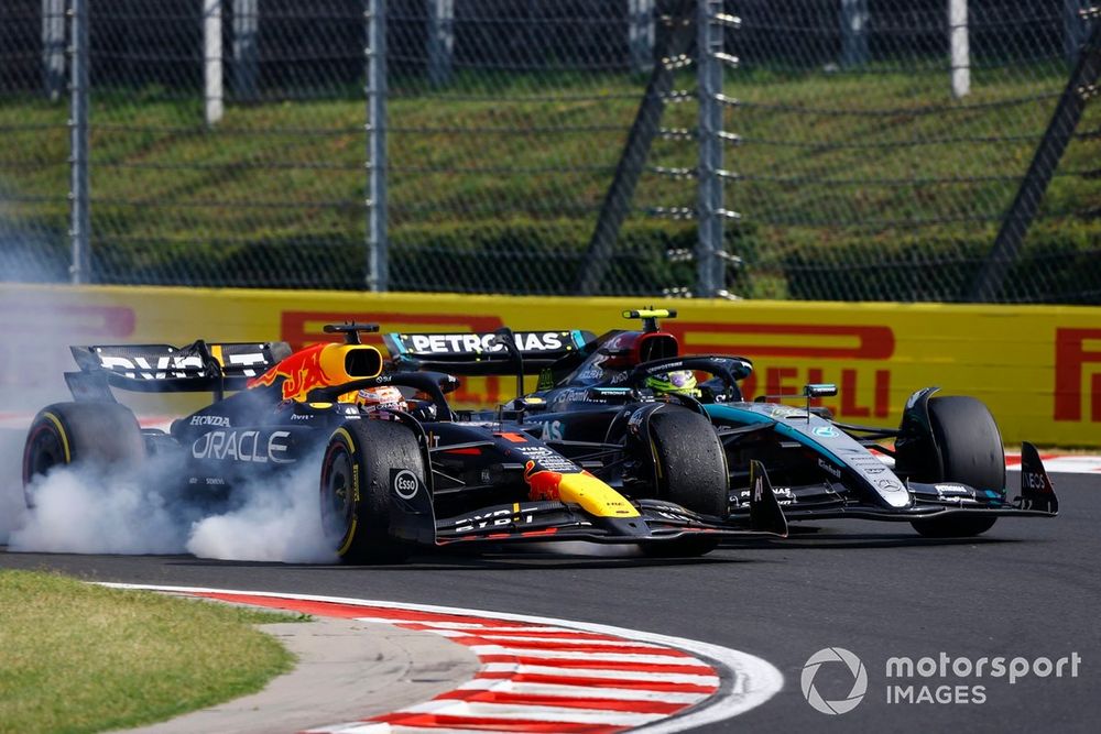 Max Verstappen, Red Bull Racing RB20, Lewis Hamilton, Mercedes F1 W15, collide