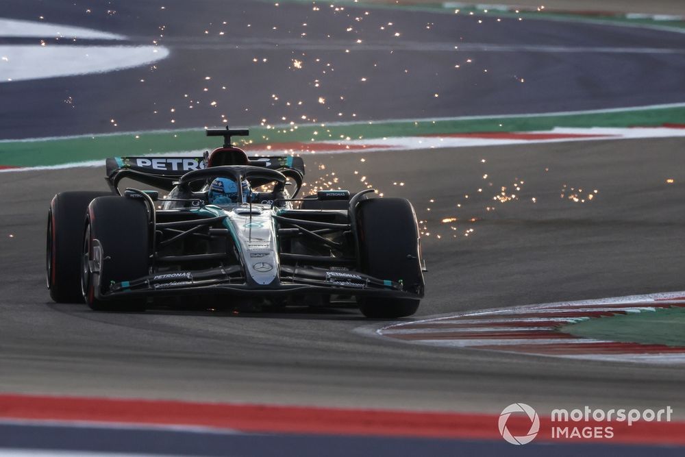 George Russell, Mercedes F1 W15, kicks up sparks