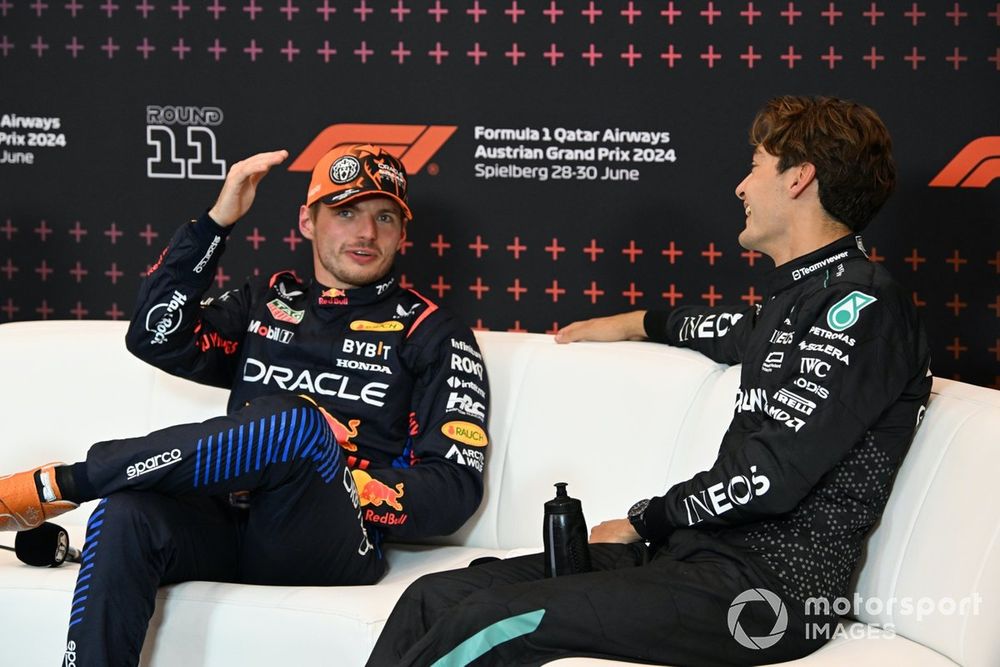 Pole man Max Verstappen, Red Bull Racing, George Russell, Mercedes-AMG F1 Team, in the post Qualifying Press Conference