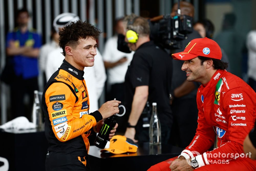 Pole man Lando Norris, McLaren F1 Team, Carlos Sainz, Scuderia Ferrari, talk in Parc Ferme